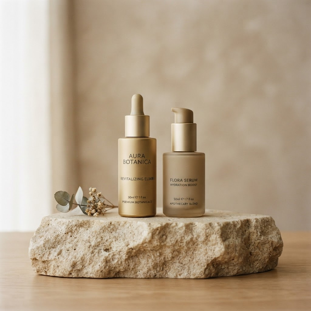 Two matte skincare bottles resting on a natural stone pedestal