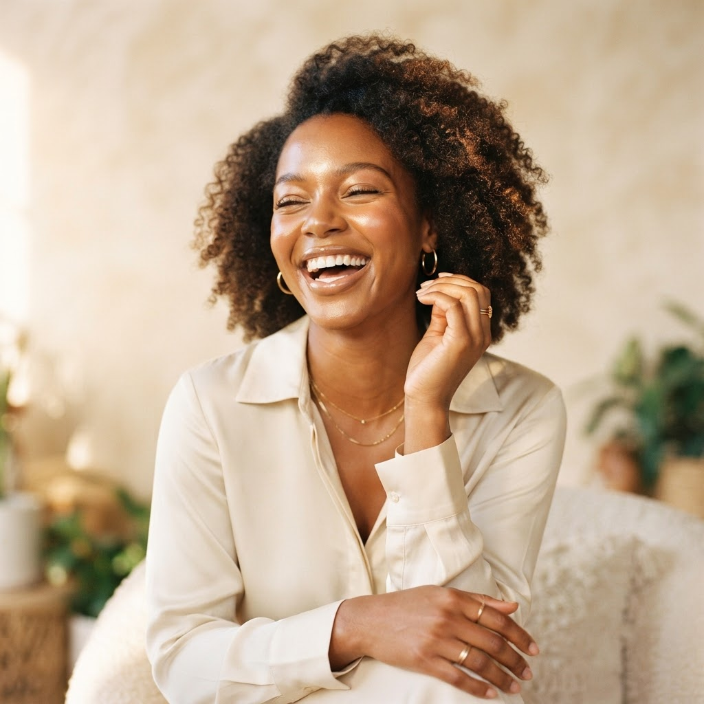 A woman laughing with radiant, glowing skin