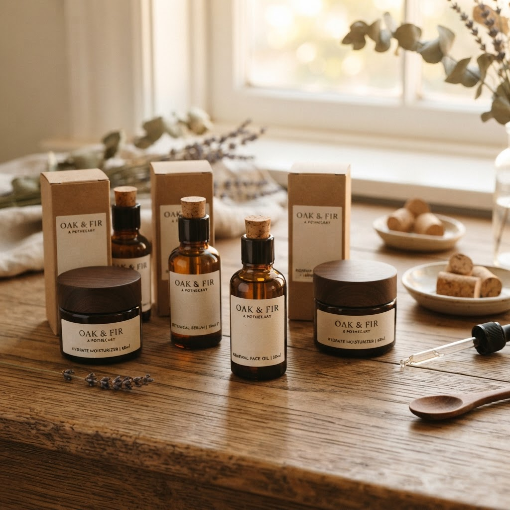 Eco-friendly amber glass bottles and kraft packaging