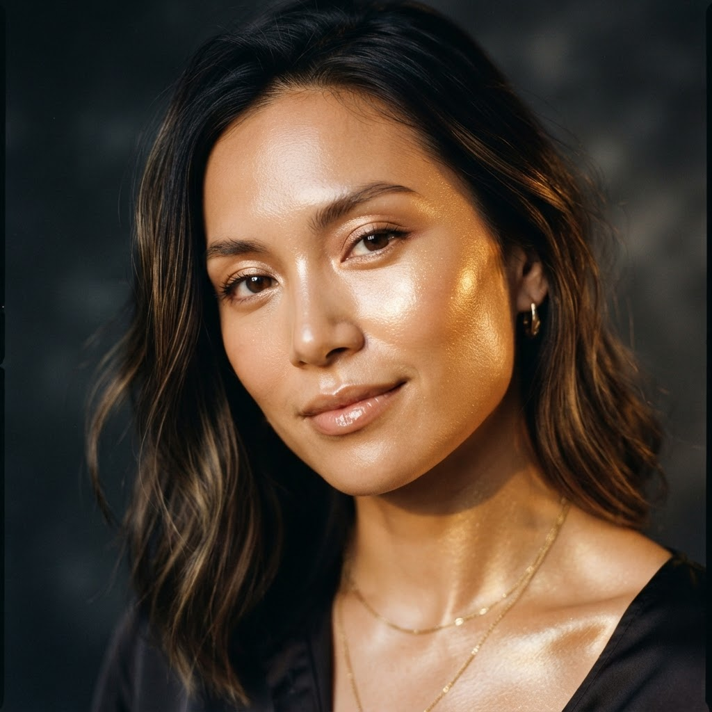 Close-up of radiant, glowing skin with golden highlights